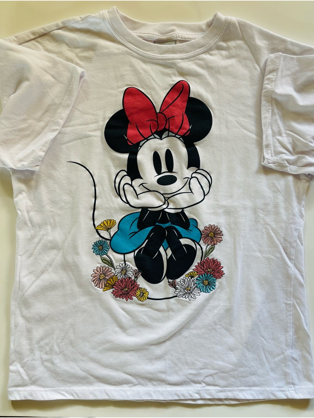 Disney Minnie Mouse Flower Graphic Embroidered White Short Sleeve Women Size XS
